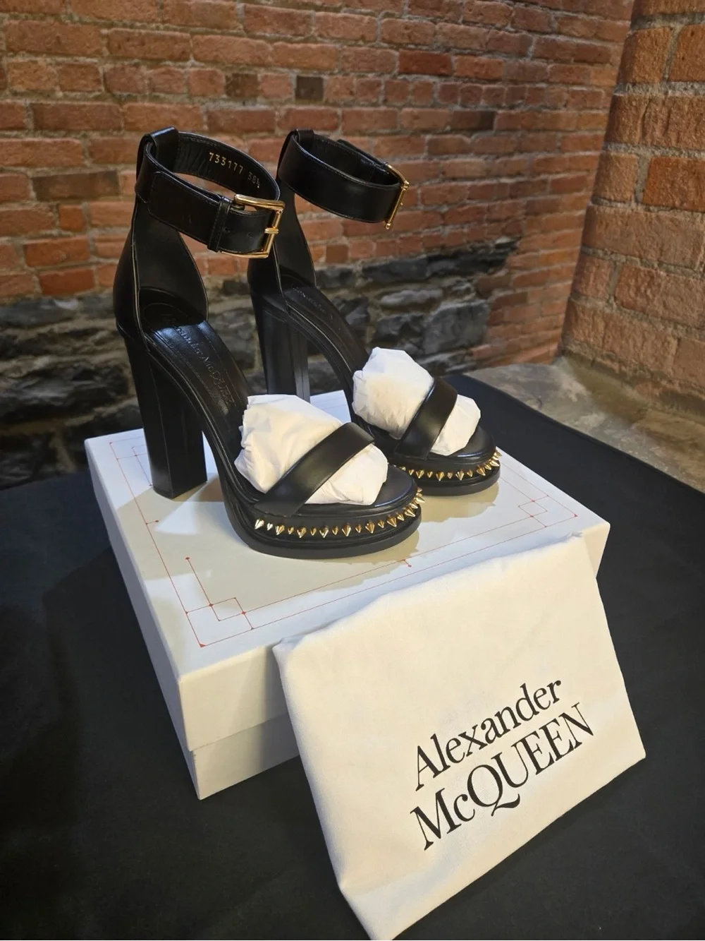 Alexander McQueen Black Leather Punk Stud Platform Sandals with Gold Spikes NEW!